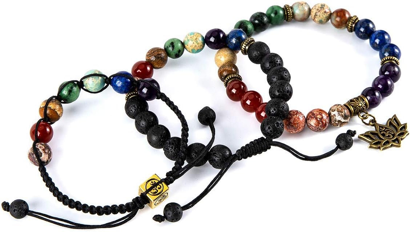 Chakra Bead Bracelets for Women - 8Mm 7 Chakra Bracelet with Real Stones Yoga Gemstone Jewelry 3 Pack