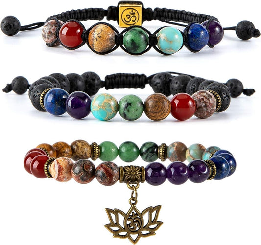 Chakra Bead Bracelets for Women - 8Mm 7 Chakra Bracelet with Real Stones Yoga Gemstone Jewelry 3 Pack